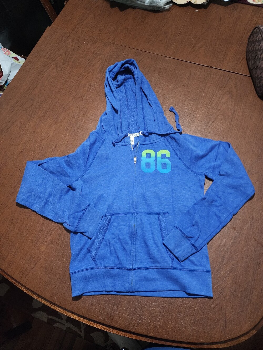 Victoria's Secret Blue Hooded Zip Sweatshirt with Green-Teal '86' Graphic